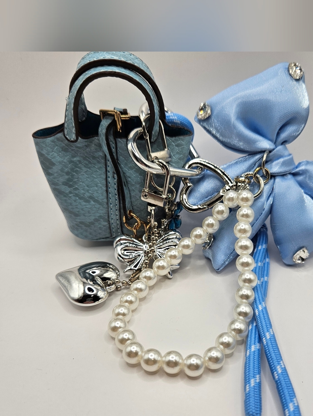Light Blue Mini  Bag With Charms And  Keychain